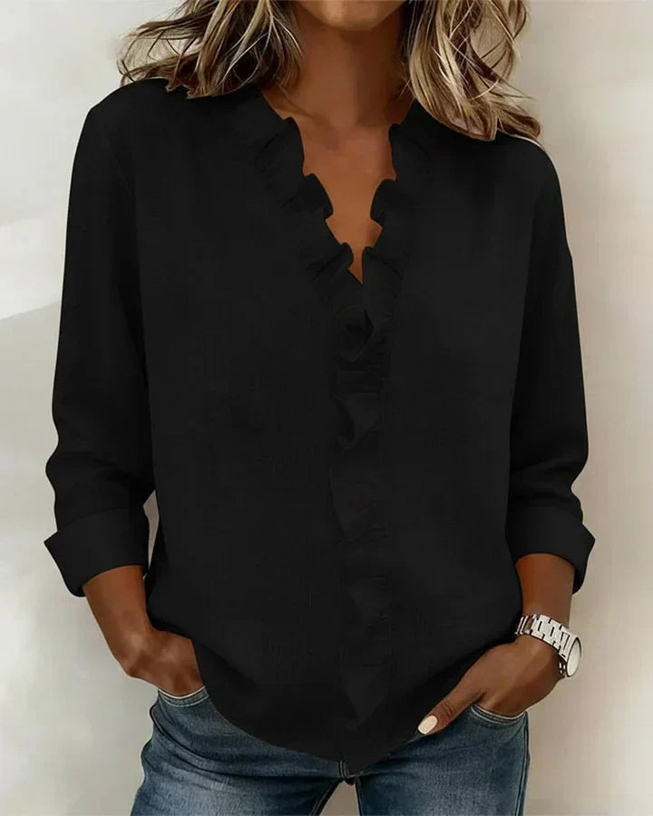 Women's Soft Linen Blouse | Elegant Ruffle Trim Summer Top | Relaxed Fit Long Sleeve Blouse 4