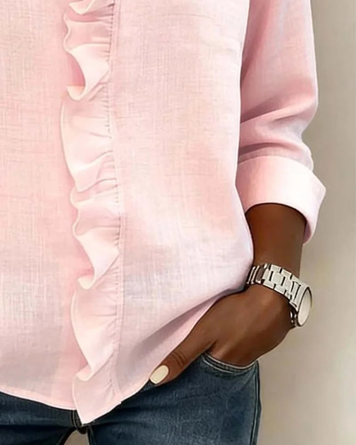 Women's Soft Linen Blouse | Elegant Ruffle Trim Summer Top | Relaxed Fit Long Sleeve Blouse 5
