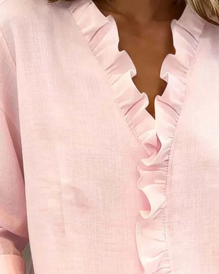 Women's Soft Linen Blouse | Elegant Ruffle Trim Summer Top | Relaxed Fit Long Sleeve Blouse 6