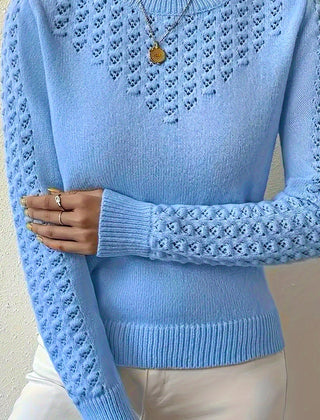 Women's Soft Pointelle Knit Sweater | Elegant Fitted Crew Neck Top | Chic Long Sleeve Winter Sweater 0