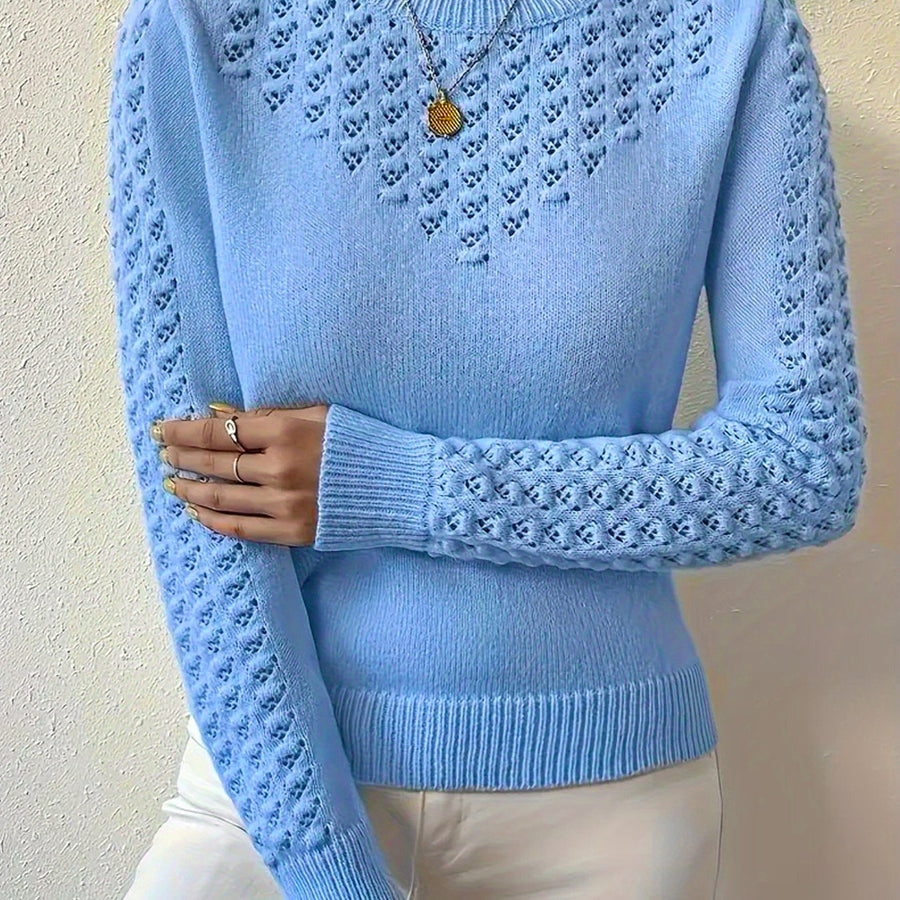 Women's Soft Pointelle Knit Sweater | Elegant Fitted Crew Neck Top | Chic Long Sleeve Winter Sweater 0