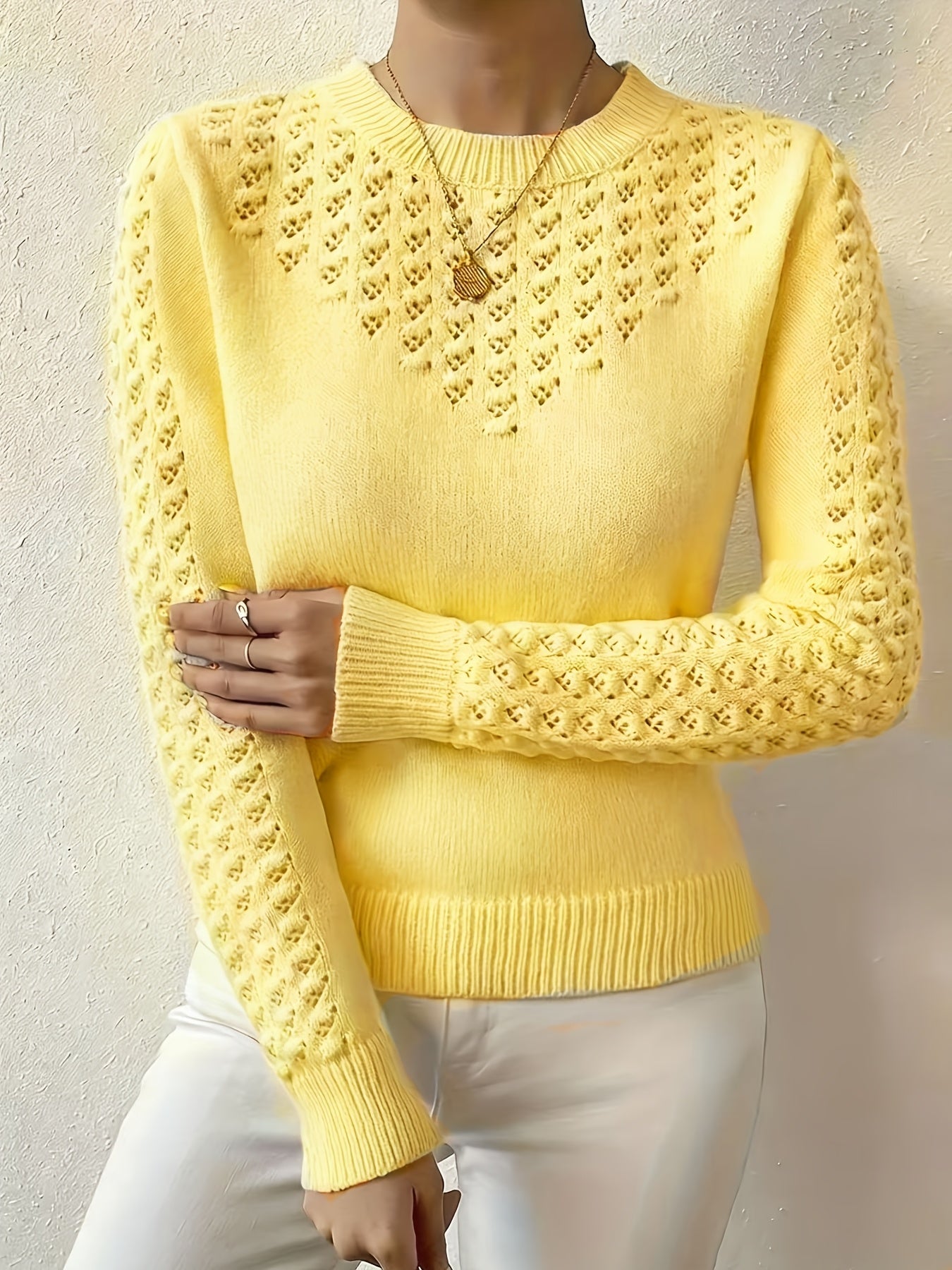 Women's Soft Pointelle Knit Sweater | Elegant Fitted Crew Neck Top | Chic Long Sleeve Winter Sweater 1