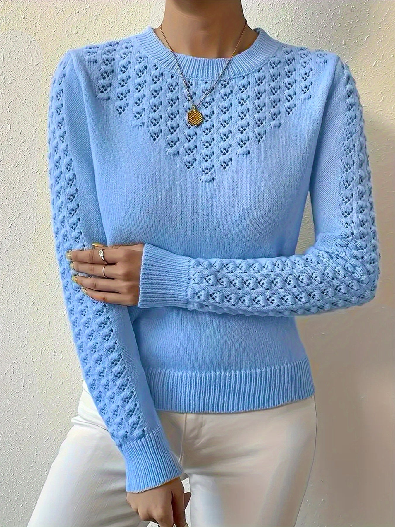 Women's Soft Pointelle Knit Sweater | Elegant Fitted Crew Neck Top | Chic Long Sleeve Winter Sweater 2