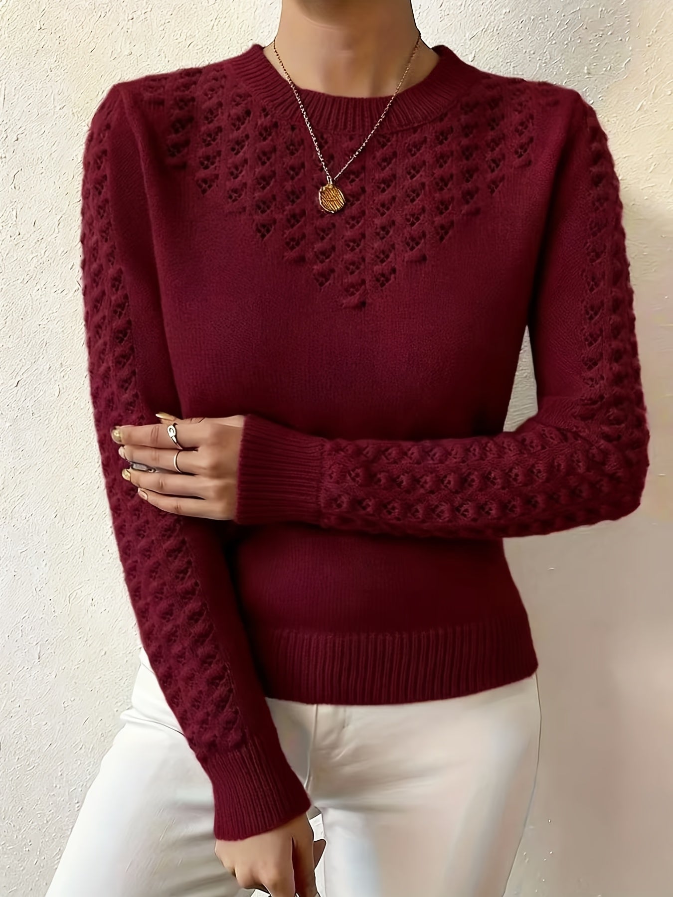 Women's Soft Pointelle Knit Sweater | Elegant Fitted Crew Neck Top | Chic Long Sleeve Winter Sweater 3