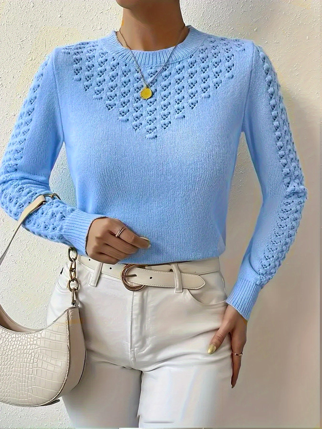Women's Soft Pointelle Knit Sweater | Elegant Fitted Crew Neck Top | Chic Long Sleeve Winter Sweater 4