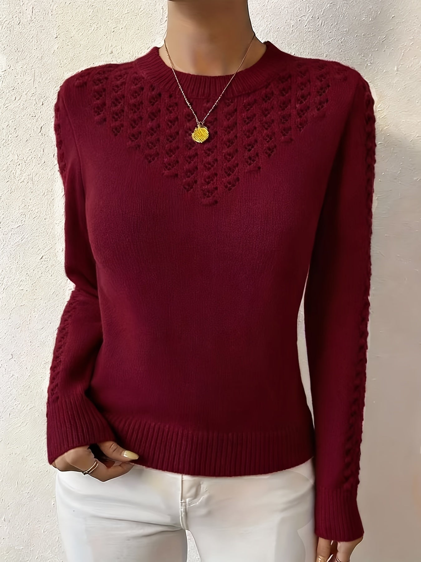 Women's Soft Pointelle Knit Sweater | Elegant Fitted Crew Neck Top | Chic Long Sleeve Winter Sweater 5