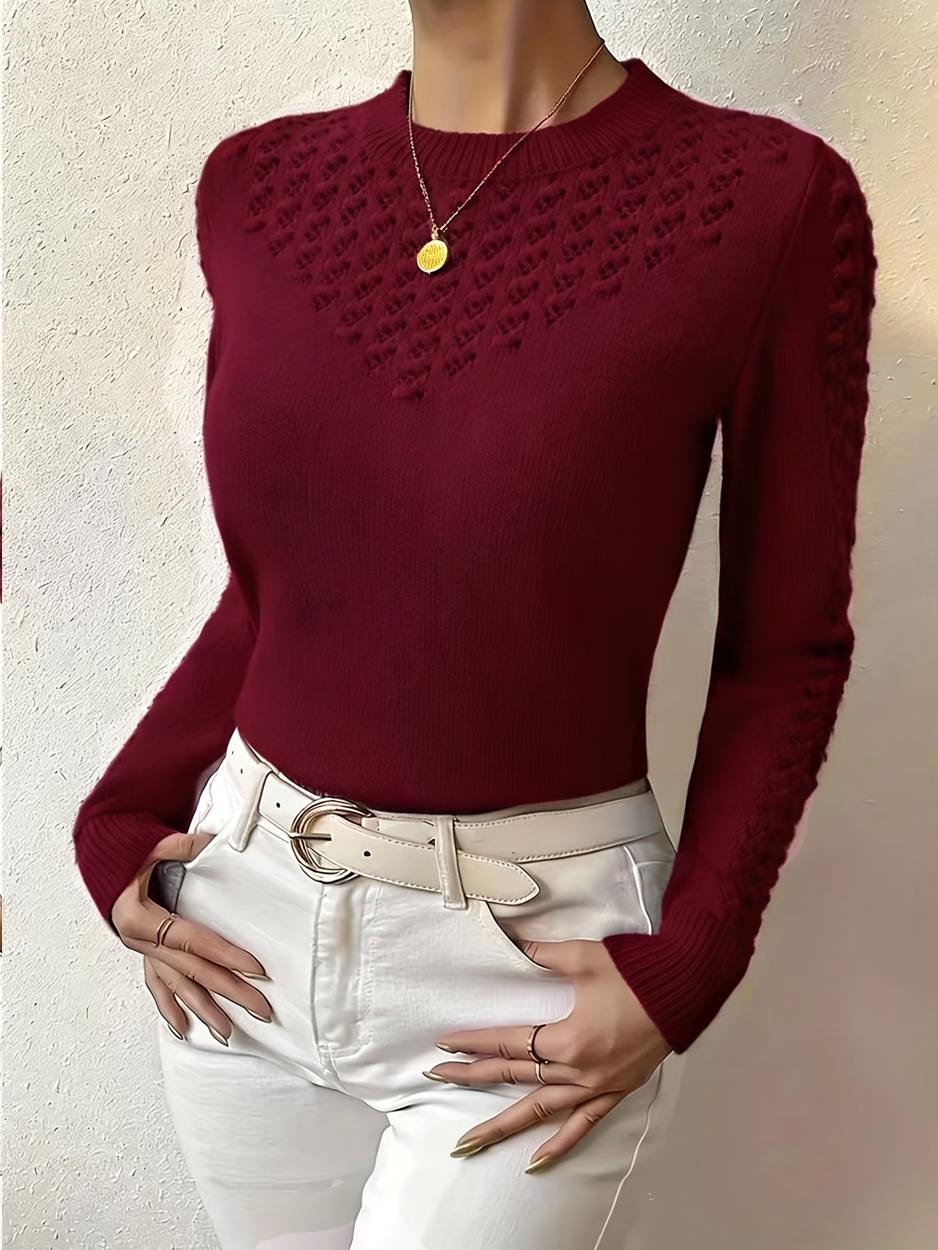 Women's Soft Pointelle Knit Sweater | Elegant Fitted Crew Neck Top | Chic Long Sleeve Winter Sweater 8