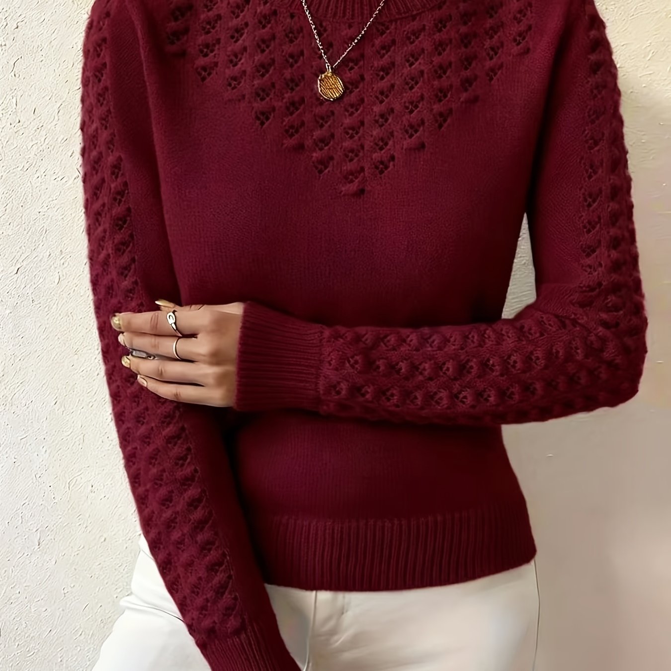 Women's Soft Pointelle Knit Sweater | Elegant Fitted Crew Neck Top | Chic Long Sleeve Winter Sweater 9
