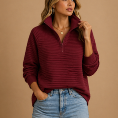 Women's Soft Ribbed Knit Jumper | Cozy Quarter-Zip Funnel Neck Sweater 2