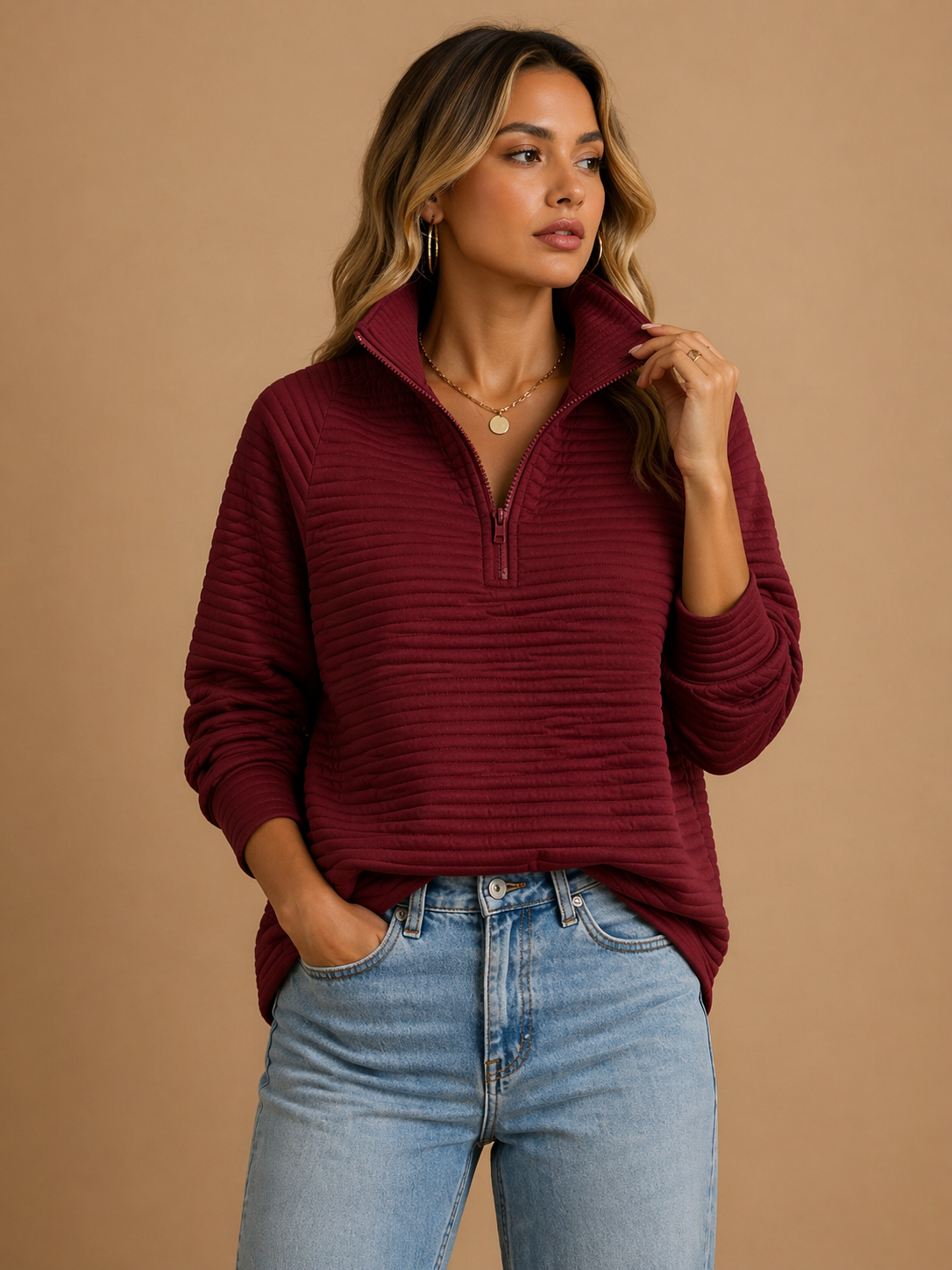 Women's Soft Ribbed Knit Jumper | Cozy Quarter-Zip Funnel Neck Sweater 2