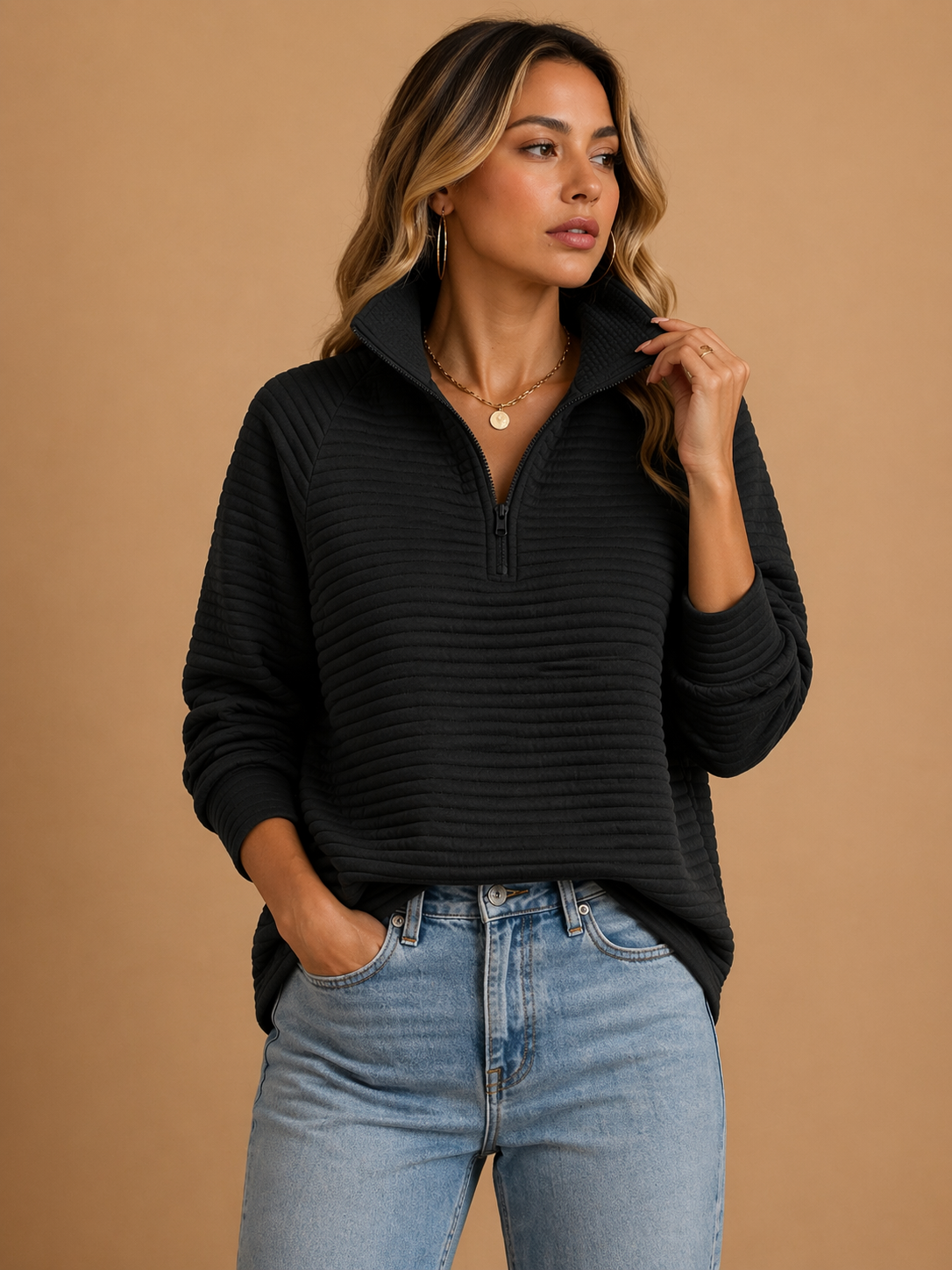 Women's Soft Ribbed Knit Jumper | Cozy Quarter-Zip Funnel Neck Sweater 3
