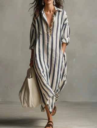 Women's Striped Linen Maxi Dress | Breezy Oversized Summer Style 0