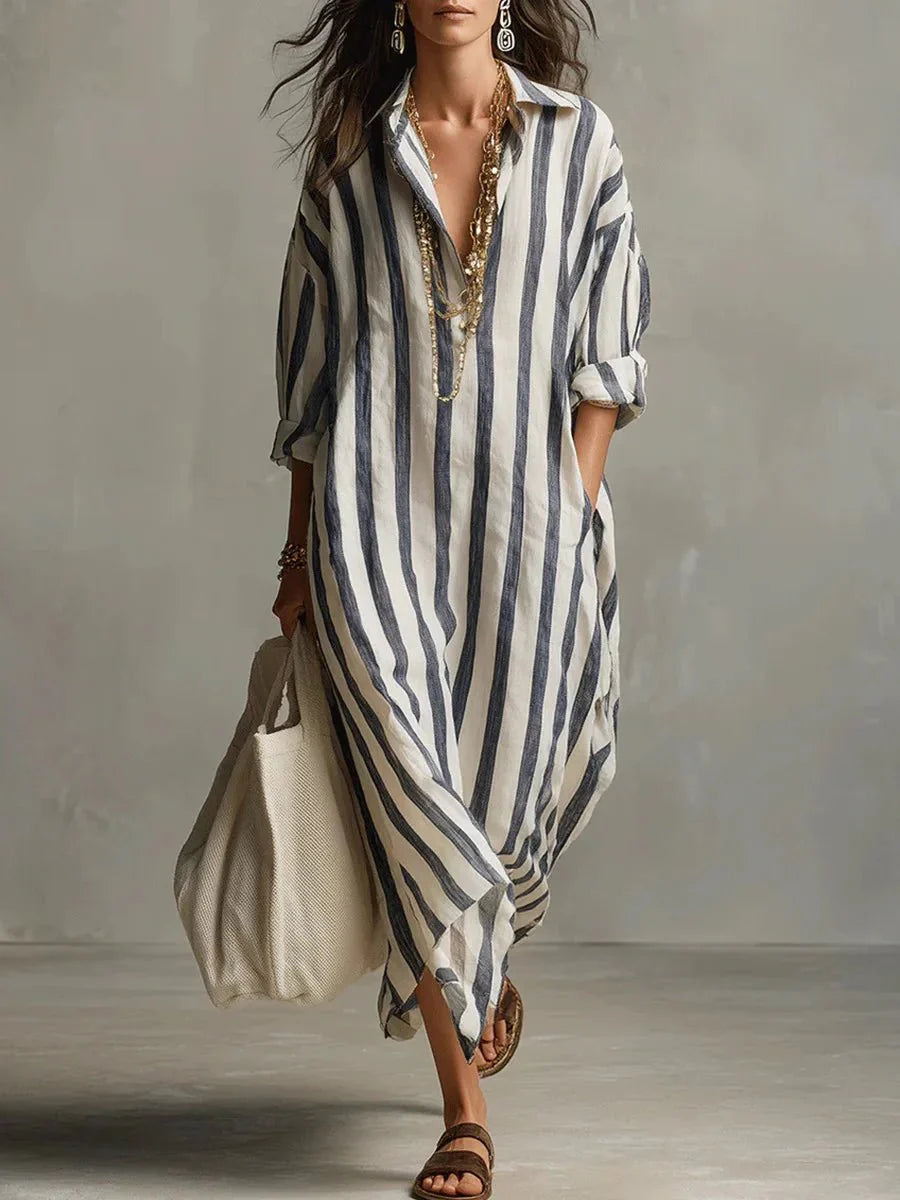 Women's Striped Linen Maxi Dress | Breezy Oversized Summer Style 0