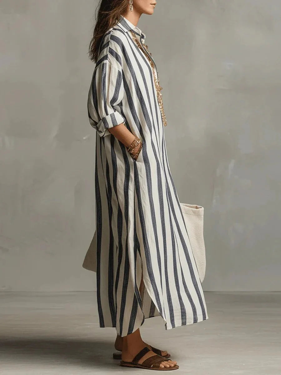 Women's Striped Linen Maxi Dress | Breezy Oversized Summer Style 3