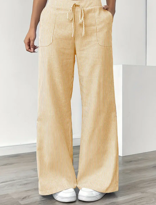 Women's Striped Linen Wide Leg Pants | Effortless Relaxed Fit Summer Trousers 0