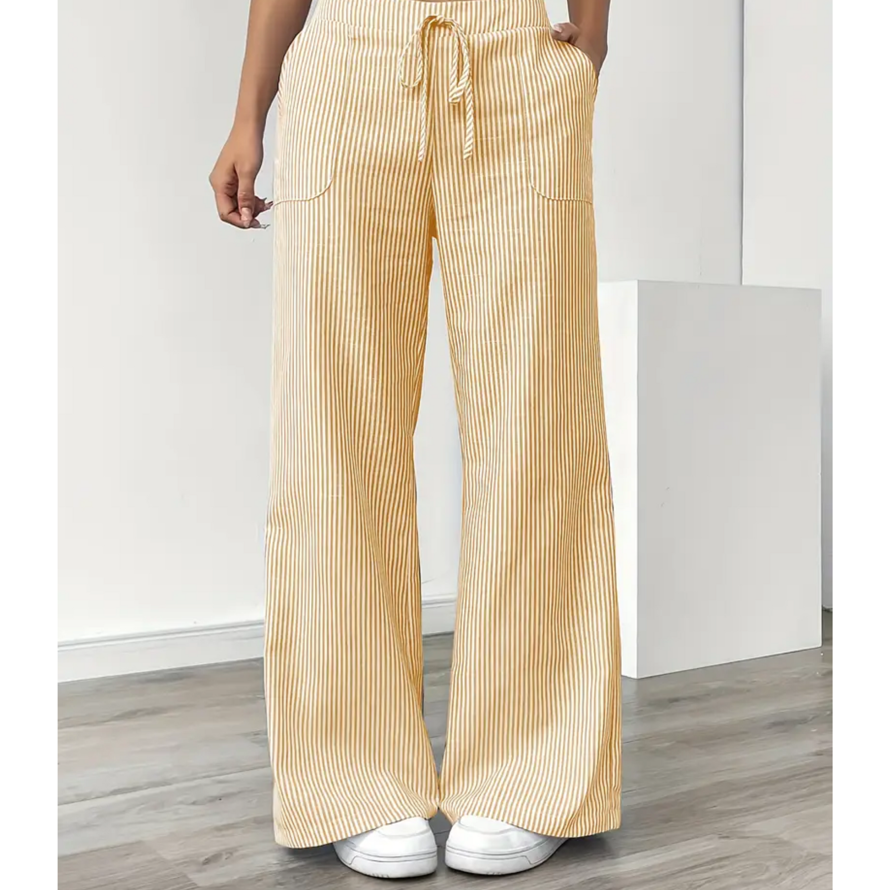 Women's Striped Linen Wide Leg Pants | Effortless Relaxed Fit Summer Trousers 0