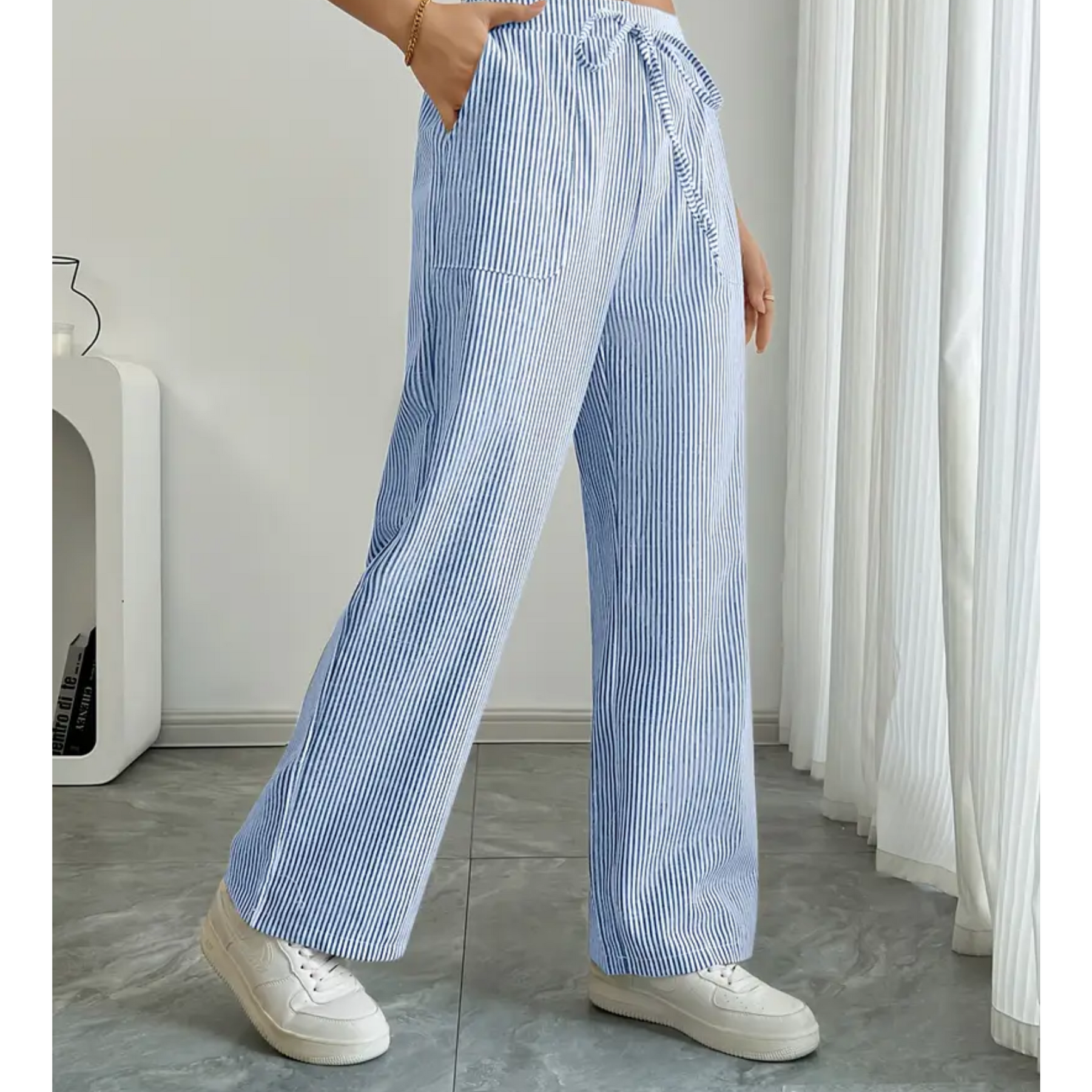 Women's Striped Linen Wide Leg Pants | Effortless Relaxed Fit Summer Trousers 5