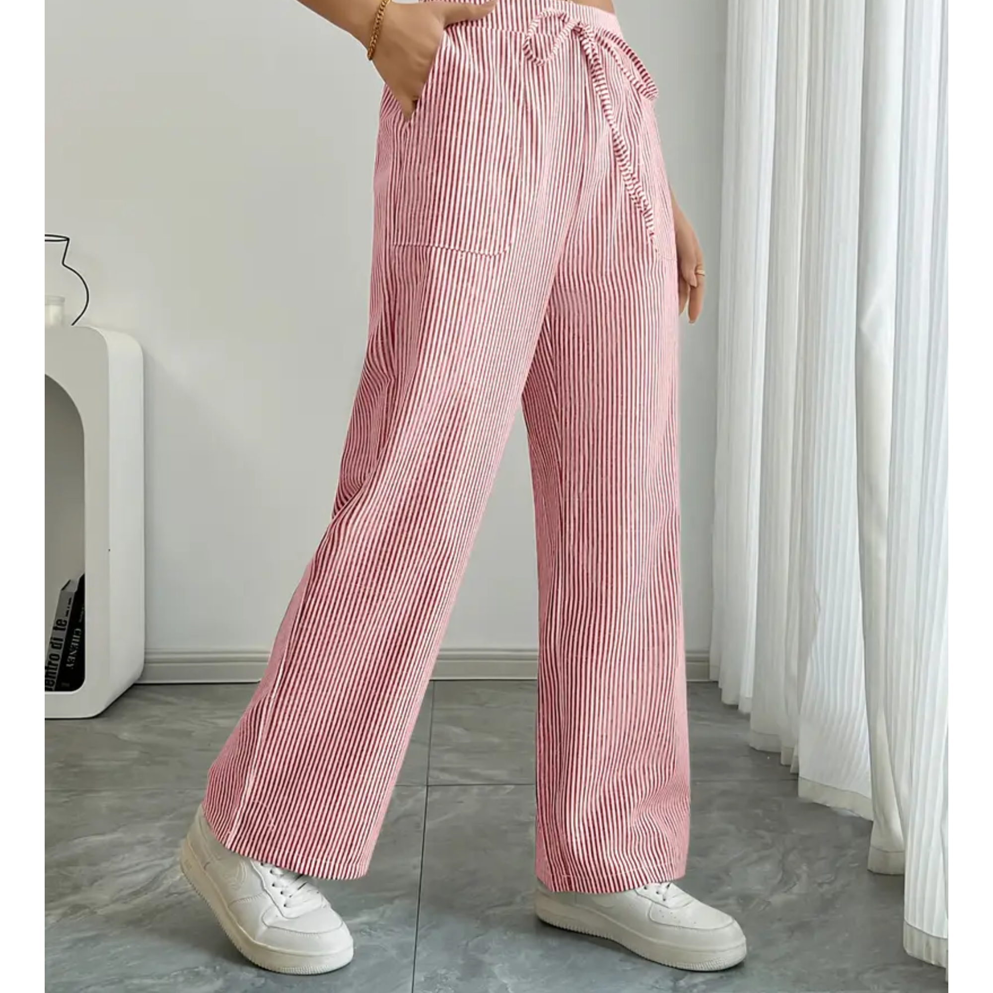 Women's Striped Linen Wide Leg Pants | Effortless Relaxed Fit Summer Trousers 7