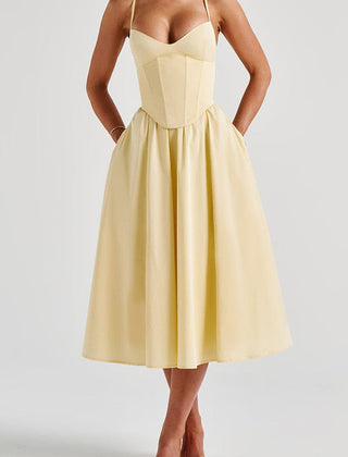 Women's Structured Corset Midi Dress | Elegant A-Line Summer Dress with Sweetheart Neckline 0