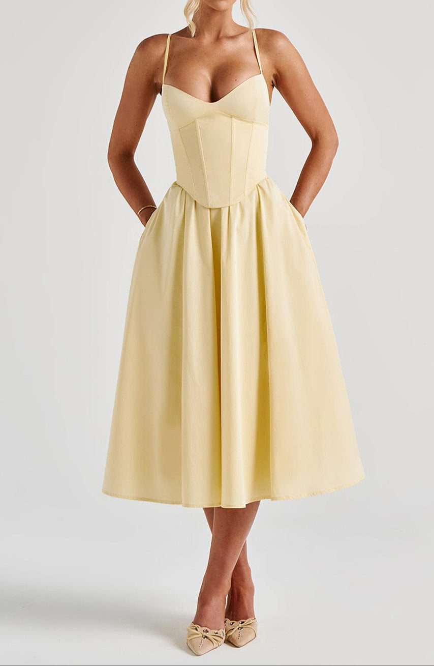 Women's Structured Corset Midi Dress | Elegant A-Line Summer Dress with Sweetheart Neckline 0
