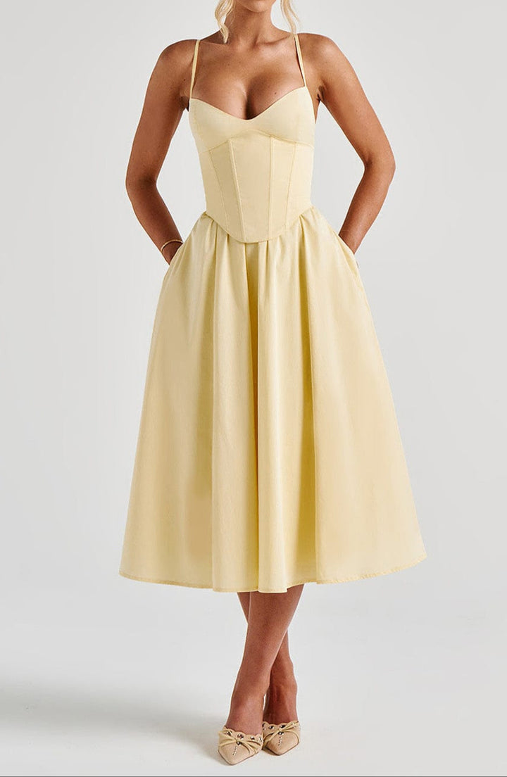 Women's Structured Corset Midi Dress | Elegant A-Line Summer Dress with Sweetheart Neckline 0