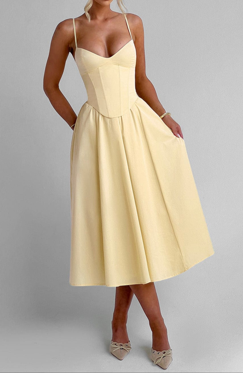 Women's Structured Corset Midi Dress | Elegant A-Line Summer Dress with Sweetheart Neckline 3