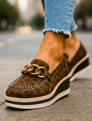 Women's Stylish Platform Loafers | Black Chain-Decorated Slip-On Shoes 1