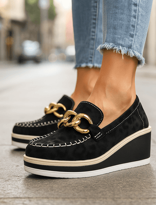 Women's Stylish Platform Loafers | Black Chain-Decorated Slip-On Shoes 2