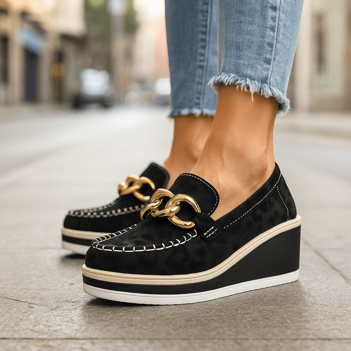 Women's Stylish Platform Loafers | Black Chain-Decorated Slip-On Shoes 2
