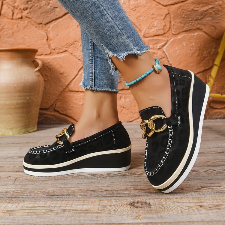 Women's Stylish Platform Loafers | Black Chain-Decorated Slip-On Shoes 8