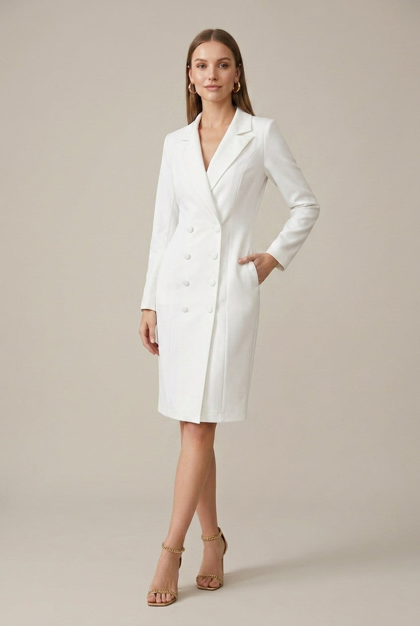 Women's Tailored Blazer Dress | Elegant Double-Breasted Office Wear | Stylish Structured Knee-Length Outfit 3