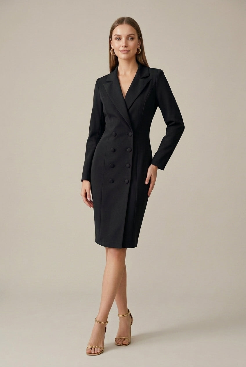 Women's Tailored Blazer Dress | Elegant Double-Breasted Office Wear | Stylish Structured Knee-Length Outfit 4
