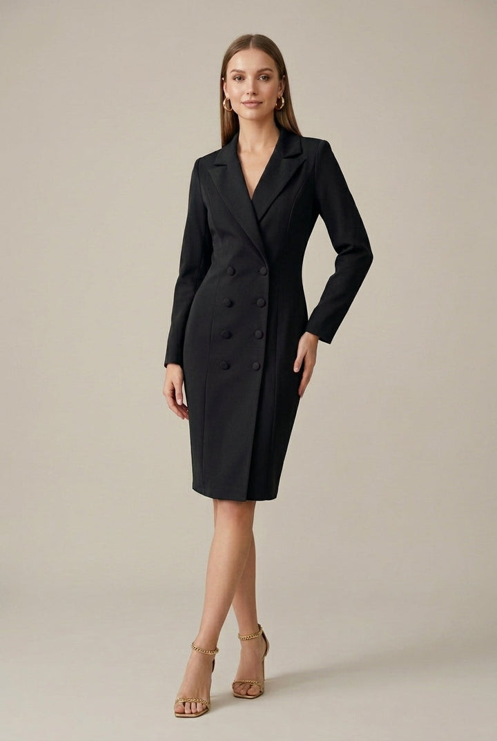 Women's Tailored Blazer Dress | Elegant Double-Breasted Office Wear | Stylish Structured Knee-Length Outfit 4