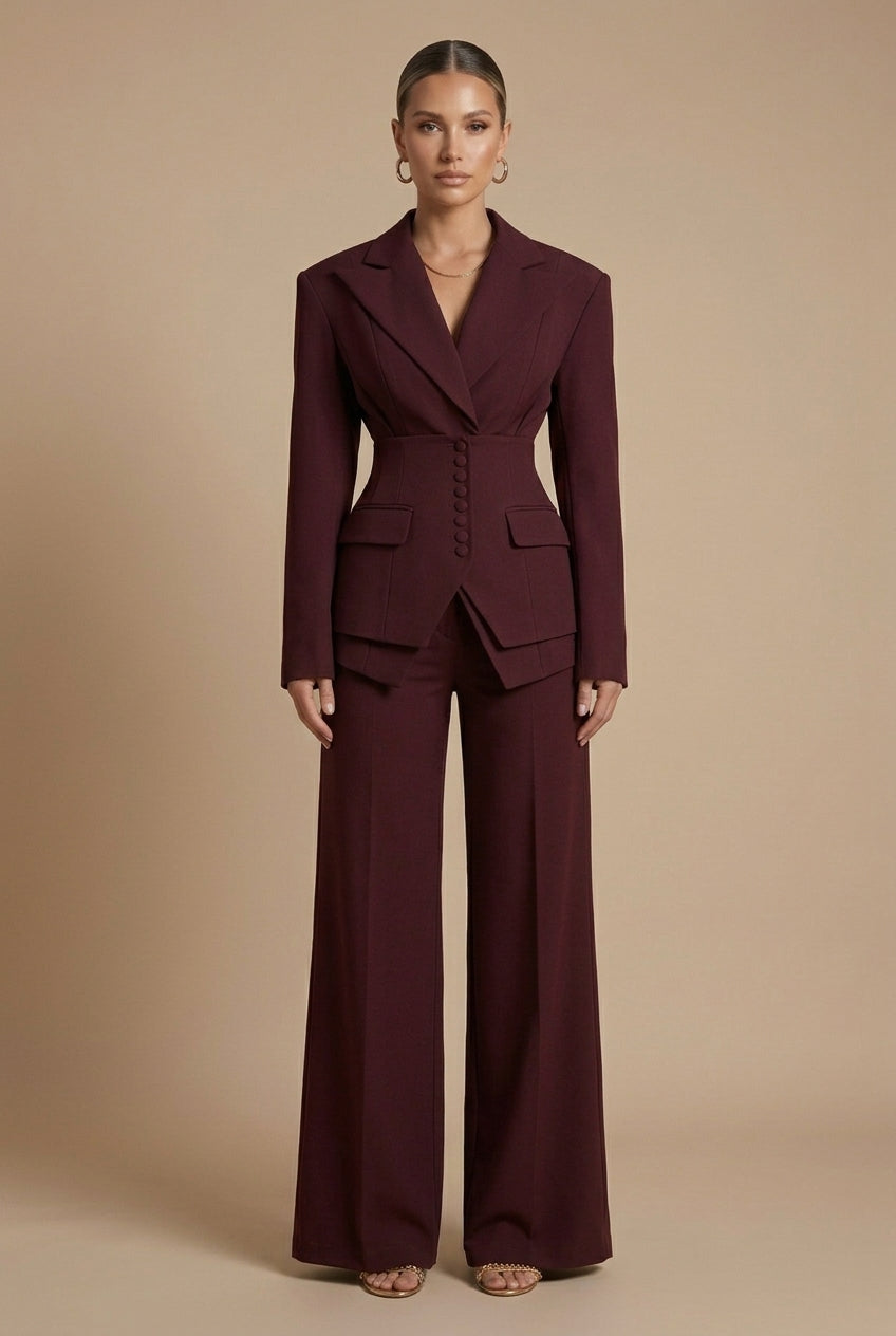 Women's Tailored Blazer and Wide-Leg Trousers | Elegant Formal Pant Suit Set 0