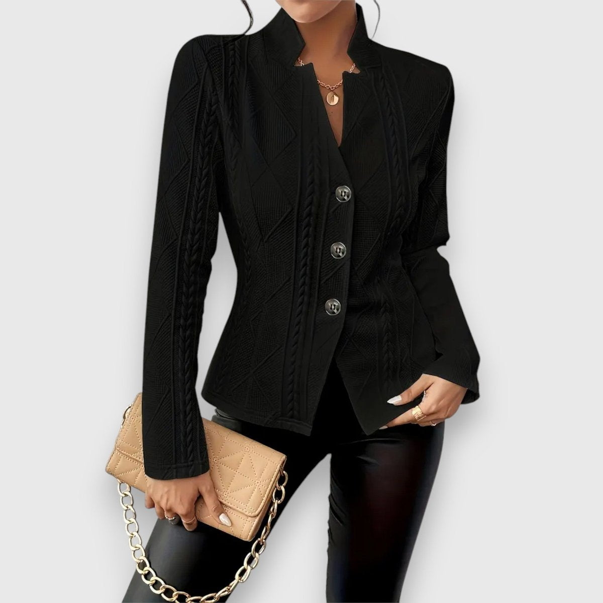 Women's Textured Cable-Knit Jumper | Elegant Mock-Neck Long-Sleeve Sweater 12