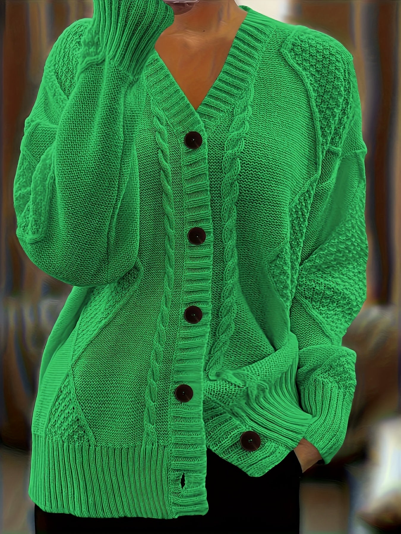 Women's Textured Cable Knit Cardigan | Relaxed Oversized V-Neck Sweater for Autumn 1