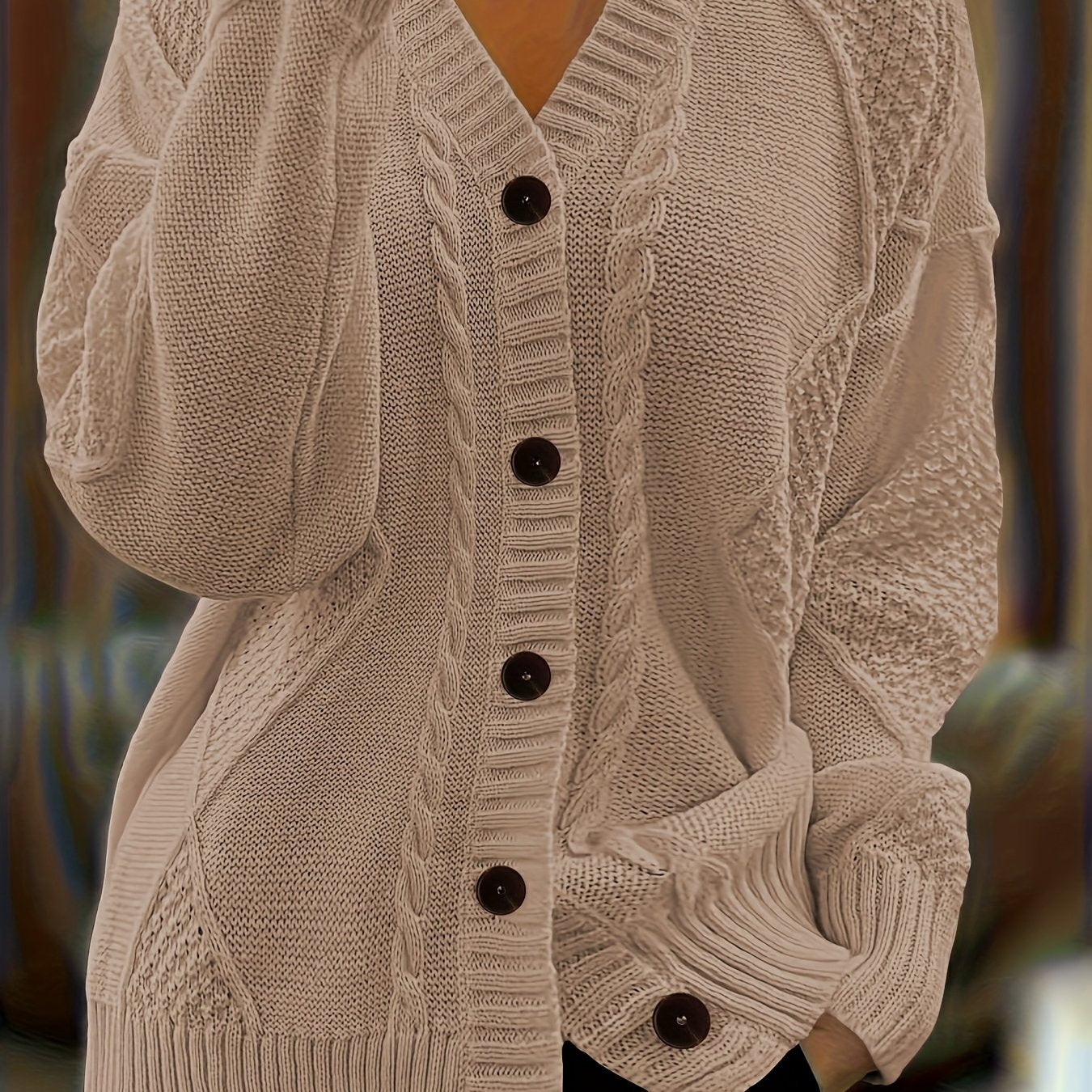 Women's Textured Cable Knit Cardigan | Relaxed Oversized V-Neck Sweater for Autumn 11