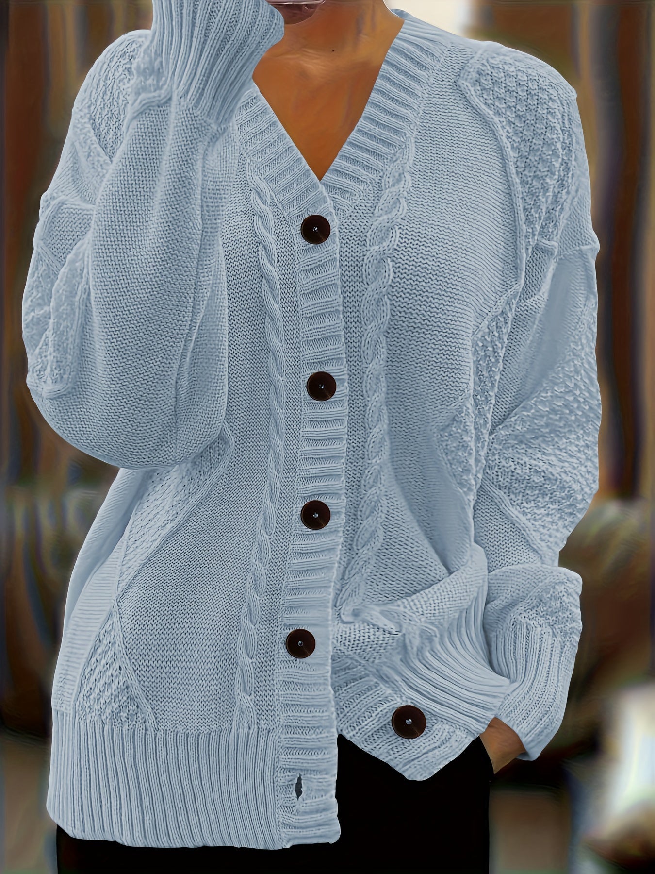 Women's Textured Cable Knit Cardigan | Relaxed Oversized V-Neck Sweater for Autumn 4