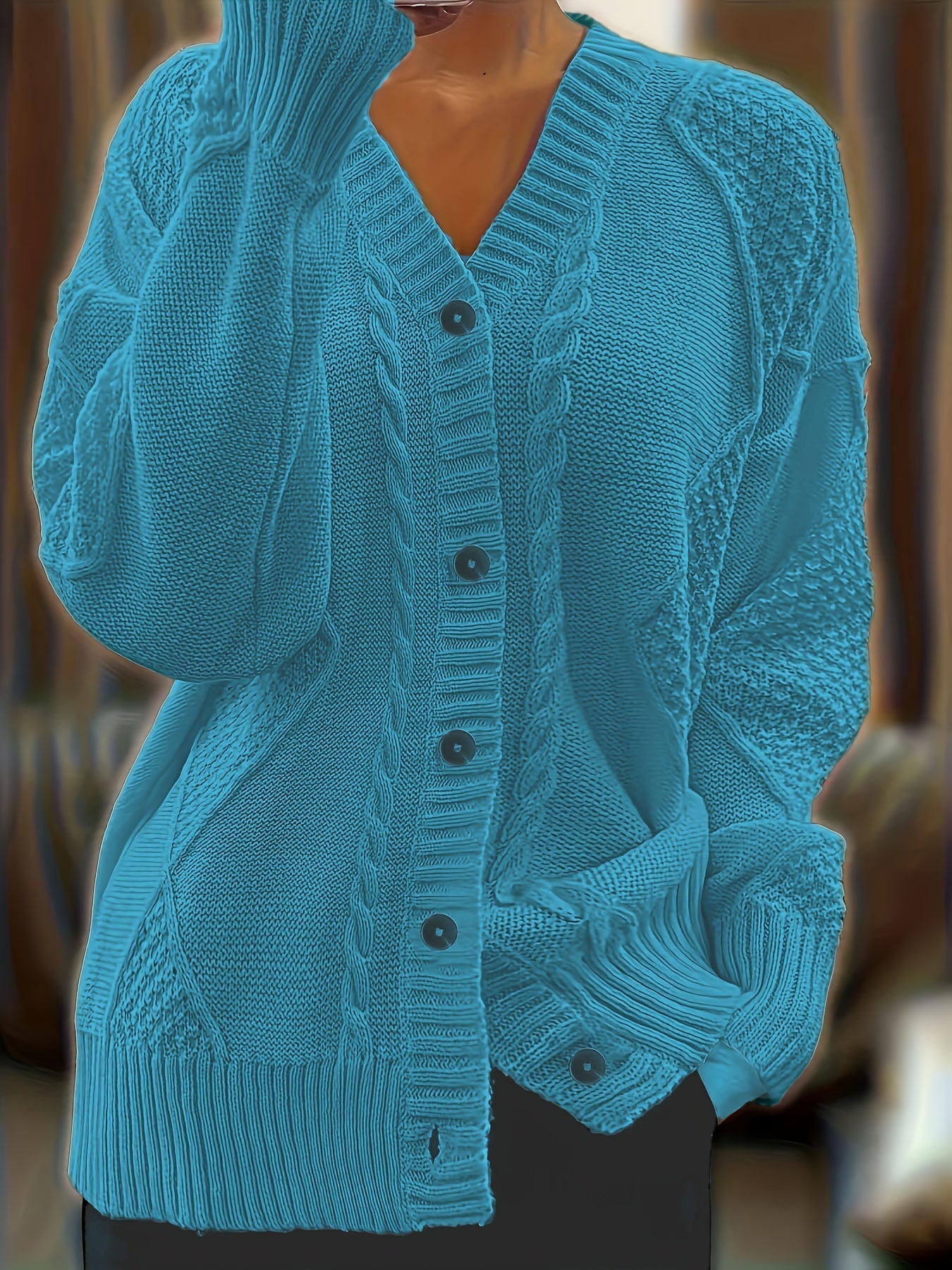 Women's Textured Cable Knit Cardigan | Relaxed Oversized V-Neck Sweater for Autumn 6