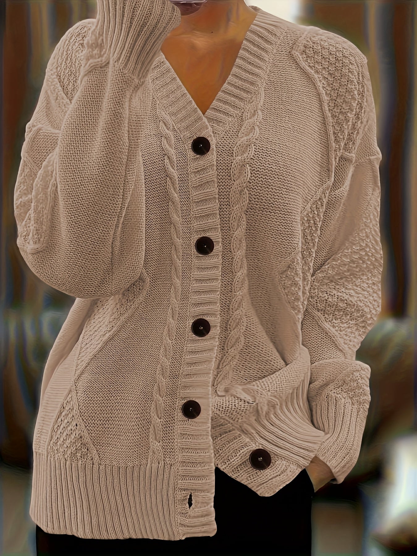 Women's Textured Cable Knit Cardigan | Relaxed Oversized V-Neck Sweater for Autumn 7