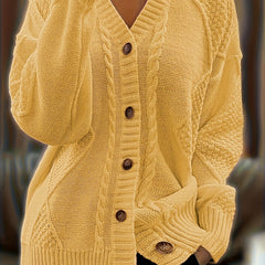 Women's Textured Cable Knit Cardigan | Relaxed Oversized V-Neck Sweater for Autumn 8