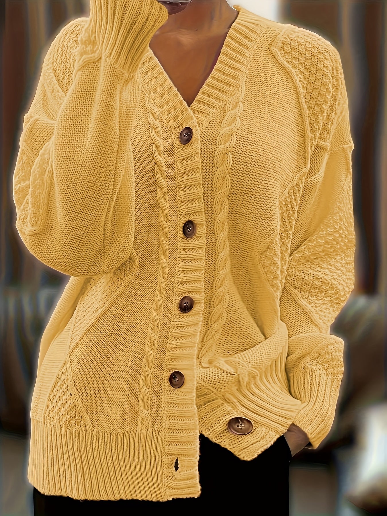 Women's Textured Cable Knit Cardigan | Relaxed Oversized V-Neck Sweater for Autumn 8