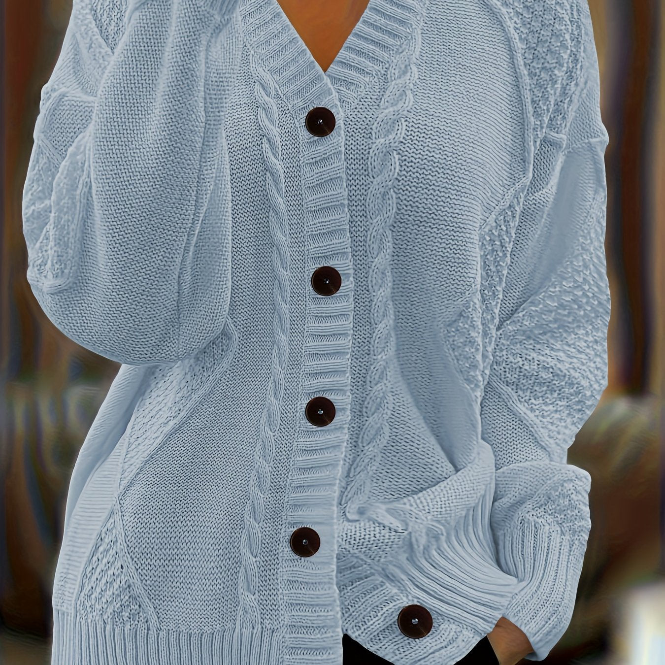 Women's Textured Cable Knit Cardigan | Relaxed Oversized V-Neck Sweater for Autumn 9