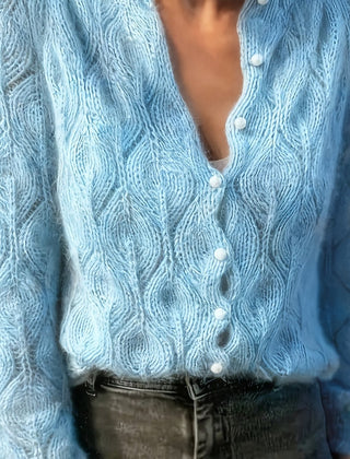 Women's Textured Faux Mink Cardigan | Elegant Long Sleeve Sweater with Pearl Buttons 0