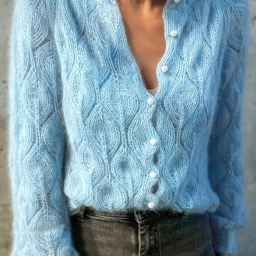Women's Textured Faux Mink Cardigan | Elegant Long Sleeve Sweater with Pearl Buttons 0