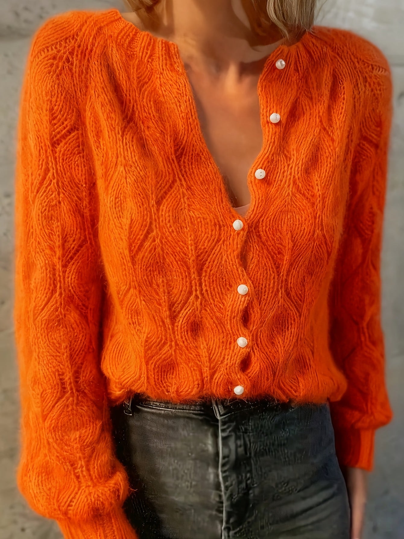 Women's Textured Faux Mink Cardigan | Elegant Long Sleeve Sweater with Pearl Buttons 1