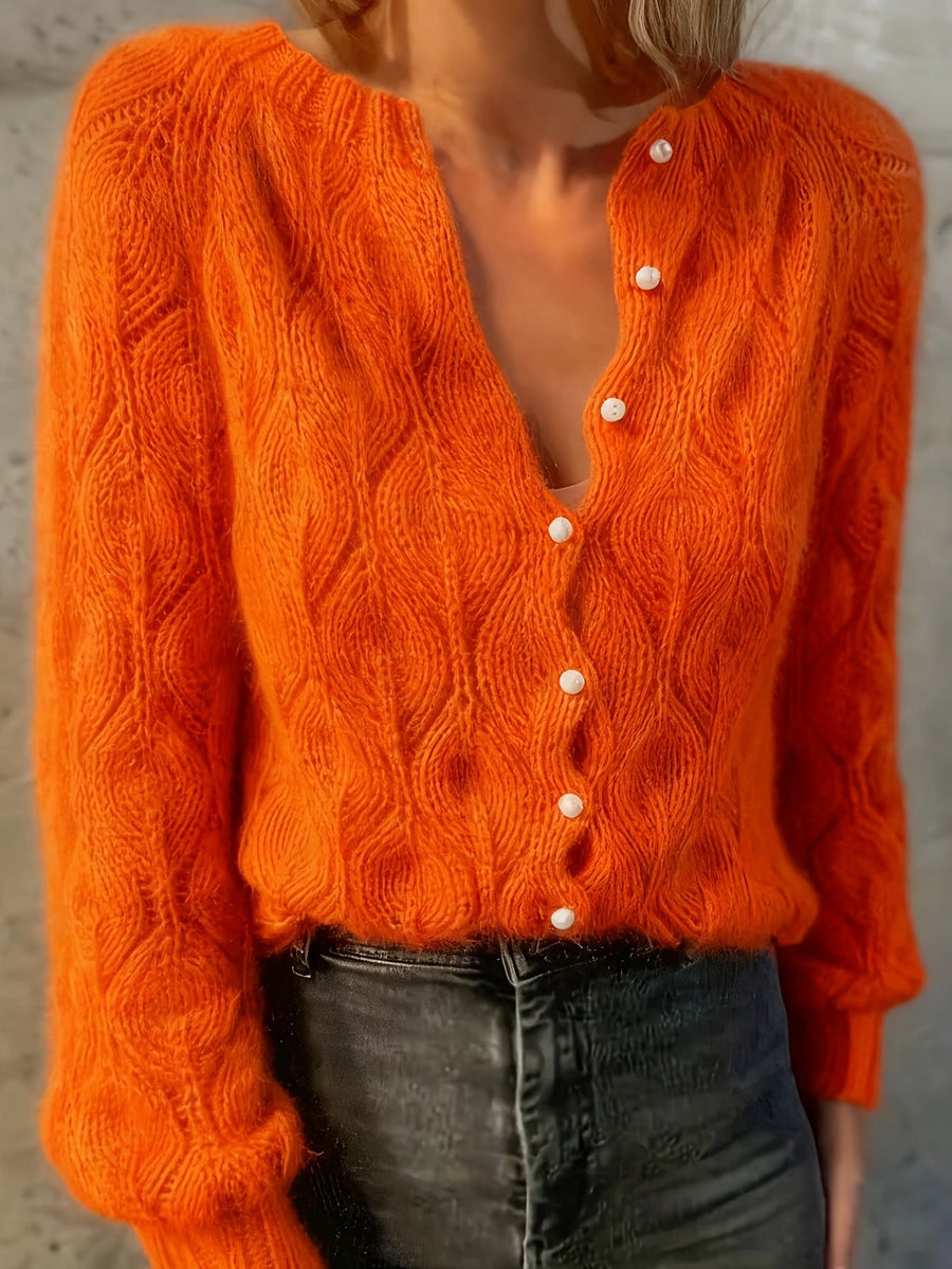 Women's Textured Faux Mink Cardigan | Elegant Long Sleeve Sweater with Pearl Buttons 1