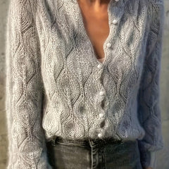 Women's Textured Faux Mink Cardigan | Elegant Long Sleeve Sweater with Pearl Buttons 10