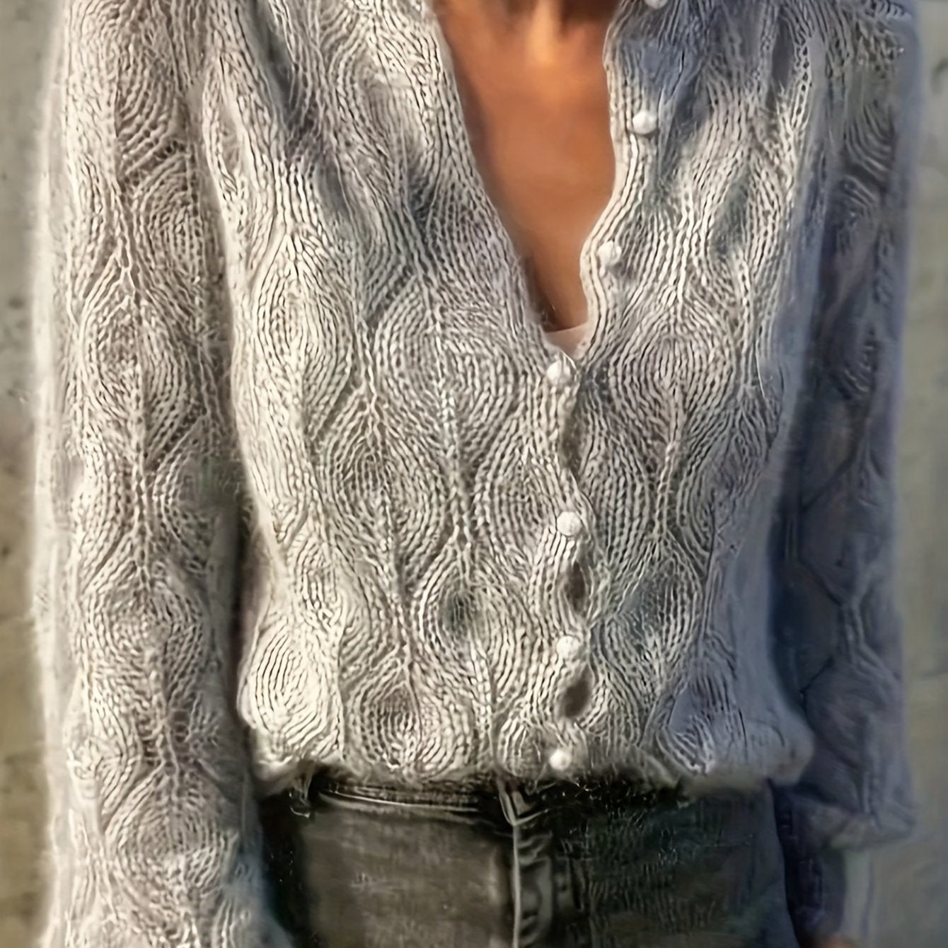 Women's Textured Faux Mink Cardigan | Elegant Long Sleeve Sweater with Pearl Buttons 10