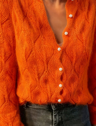 Women's Textured Faux Mink Cardigan | Elegant Long Sleeve Sweater with Pearl Buttons 11